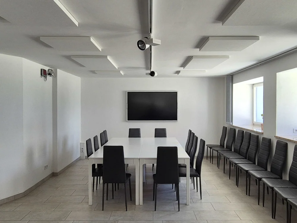 Moderner Konferenzraum mit Besprechungstisch, Bestuhlung und Akustikdecken-Elementen zur Schalloptimierung, ausgestattet mit Bildschirm und Beleuchtungssystem für Präsentationen.